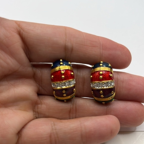 Joan Rivers Gold Tone Blue Red Maroon Green Enamel Pierced Earrings Rhinestones - Picture 8 of 8